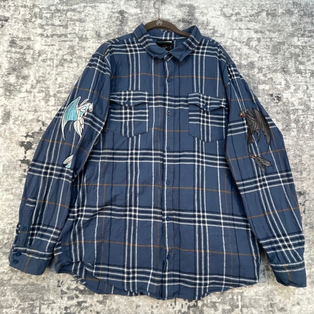 DreamWorks Men 2XL Flannel Shirt Plaid Blue Novelty Toothless Light Fury‎ HTTYD